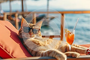 Cat wearing sunglasses relaxing with cocktail sitting on deckchair on the sea background.