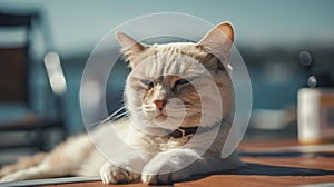 Cat wearing sunglasses relaxing sitting on deckchair in the sea background. generative AI