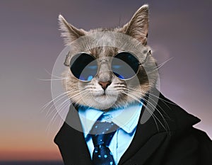 A cat wearing sunglasses and a suit with a tie