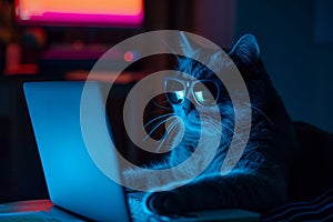 Cat Wearing Sunglasses Working On Laptop At Night, Adopting A Hacker Persona