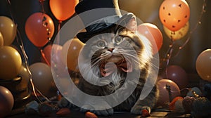 A cat wearing a top hat and bow tie sitting on balloons, AI photo