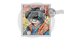 cat in vr headset on postage stamp design