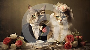 Cat wedding: Illustration of two cats at their wedding dinner