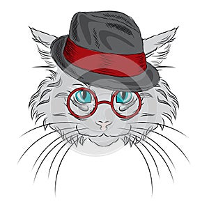Cat were drawn by hand. Cat vector. Cat with glasses and hat . photo