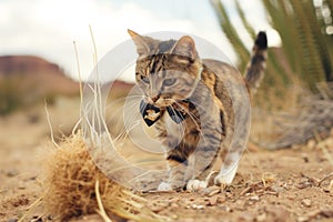 cat with a western bow tie playing with a tumbleweed