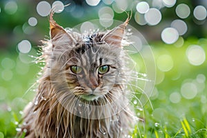cat with wet fur glaring from wet grass photo