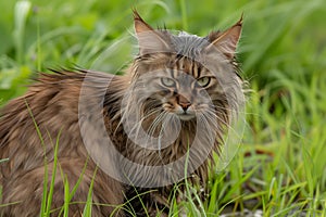 cat with wet fur glaring from wet grass