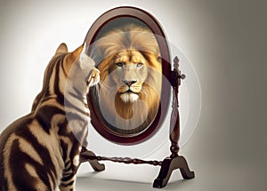 cat what sees herself in the mirror as a grown up lion with a mane, believe that anything is possible