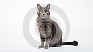 A cat on white background, they commonly referred to as the domestic cat or house cat