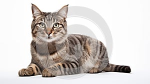 A cat on white background, they commonly referred to as the domestic cat or house cat