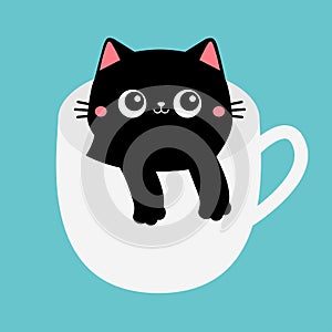 Cat in white coffee tea cup. Happy Valentines Day. Black kitten. Paws hand. Cute cartoon funny baby animal pet character. Love