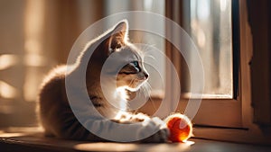 cat on window An adorable kitten with a playful demeanor, sitting in a sunbeam that filters through a window,