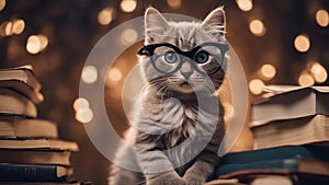 cat in the window A comical kitten with oversized glasses, sitting atop a pile of classic novels, pretending to read