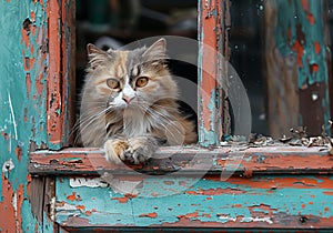 Cat at the window in an old, rustic house. AI generated