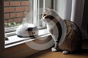 cat on a windowsill, watching robot vacuum scurry by