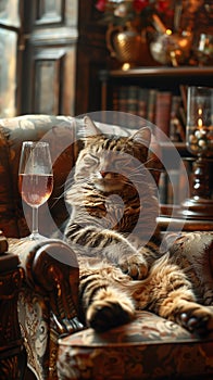 Cat and wine. A cat lounging on a chair, its eyes closed in serene repose. There's a wine near on chair. Generative AI