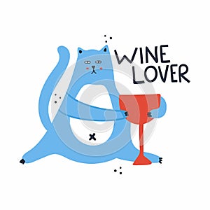Cat with wine lettering. Wine lover text, modern inspiration phrase for bar cafe restaurant or shop, colorful doodle kitchen