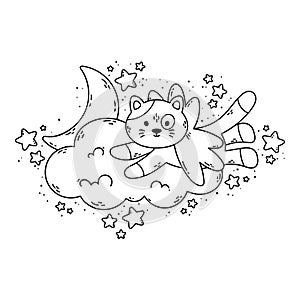 Cat with wings flies past the cloud, the moon, and stars. Vector illustration for coloring book isolated on white background. Good