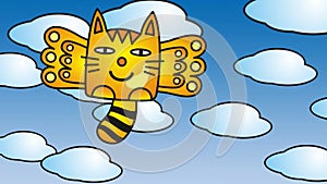 Cat with wings, fluttering among the clouds and blue  sky.