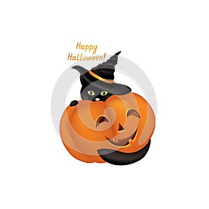 Cat in a witch hat. Black cat looking at camera in Halloween outfit. Funny holiday animal cartoon in black hat hiding over