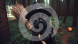 Cat in a Witch Hat and Broomstick in a Forest with a Pumpkin, AI Generated Illustration, Realistic