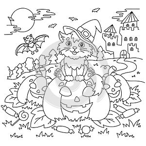 A cat in a witch hat sits on a pumpkin at night. There are bats and a lock on the back. Halloween theme. Coloring book page for
