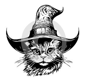 Cat in a witch hat sketch hand drawn Halloween Vector illustration