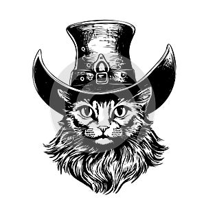 Cat in a witch hat sketch hand drawn Halloween Vector illustration