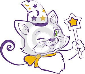 The cat is a wizard in a cap with a magic wand in his paw