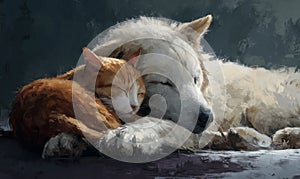 Cat and wolf napping together