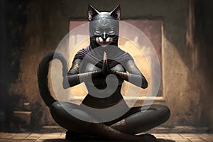 cat woman superhero in black latex suit meditating, neural network generated art