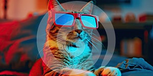 Cat wore 3d glasses and watching a movie on the television set , concept of Visual entertainment