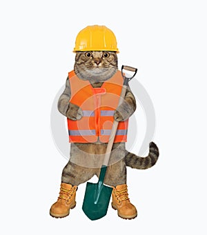 Cat worker holds shovel