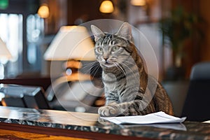 Cat Working as Receptionist, Reception Desk Cats, Friendly Hotel Cat Service, Cat Behind Hotel Counter