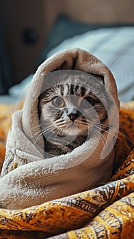 Cat Wrapped in Blanket on Bed - Cozy Domestic Scene of a Feline Comfortably Covered on a Sleeping Surface