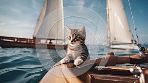 cat on the yacht A brave little kitten with a soft, striped coat, sailing the calm sea waves in a sturdy little boat