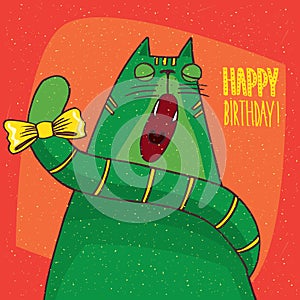 Cat yawns and inscription Happy Birthday