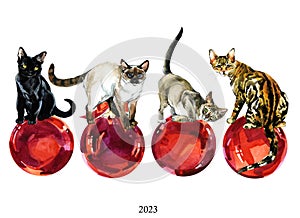 Cat Year. Kitten with New Year decorative elements. watercolor illustration isolated on white.