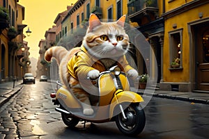 cat in yellow overalls on a moped, food delivery man