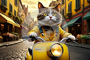 cat in yellow overalls on a moped, food delivery man