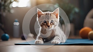 cat on a yoga mat A playful kitten with a mischievous look, attempting a downward dog pose on a yoga mat,