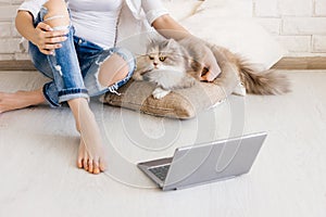 Cat with young woman have relax on cozy cushions