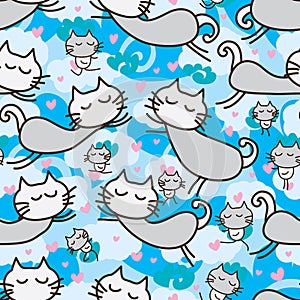 Cat zen fly seamless pattern