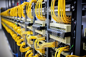 cat6 networking cables plugged in a switch, in a server room