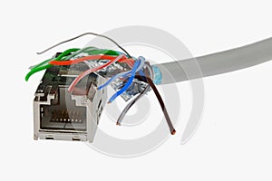 Cat6 SMTP shaped like hand catching female LAN Cat6 connector in steel chassis