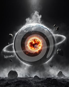 Cataclysmic Celestial Landscape Earth Torn Asunder with Fiery Core and Orbiting Debris