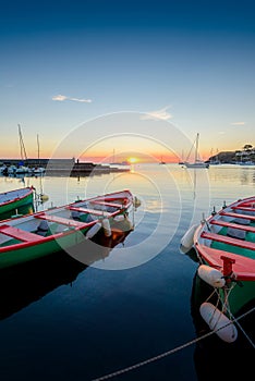 Catalan boats of Collioure at sunrise in France