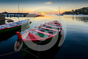 Catalan boats of Collioure at sunrise in France