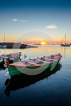 Catalan boats of Collioure at sunrise in France