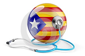 Catalan flag with stethoscope. Health care in Catalonia concept, 3D rendering